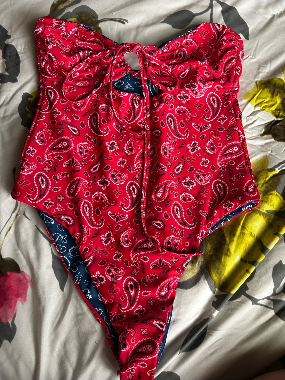Red Paisley One-Piece Swimsuit - Cute Bandana Print- Reversible
